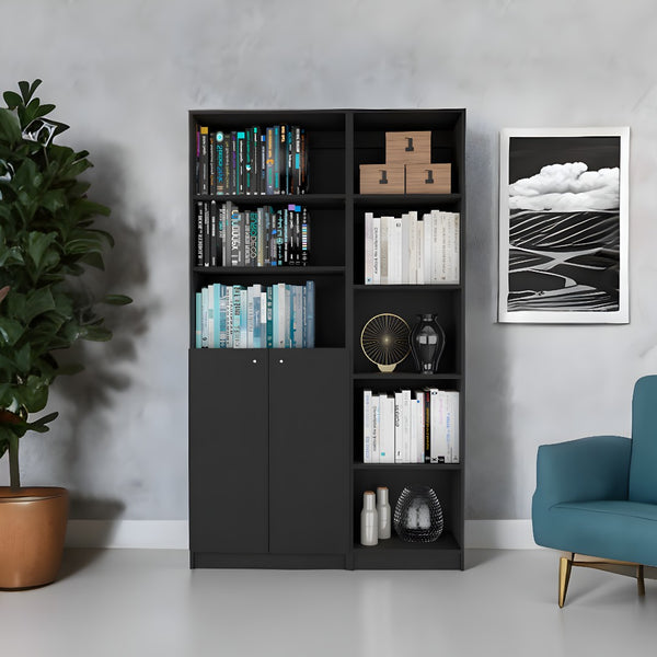 HomeRoots 71" Black Five-Tier Bookcase with Two Doors - Modern Storage Solution for Home & Office Elegance 546339