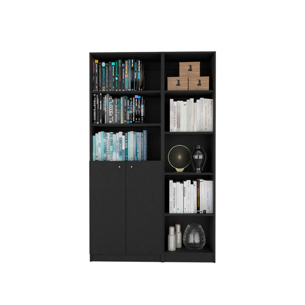HomeRoots 71" Black Five-Tier Bookcase with Two Doors - Modern Storage Solution for Home & Office Elegance 546339