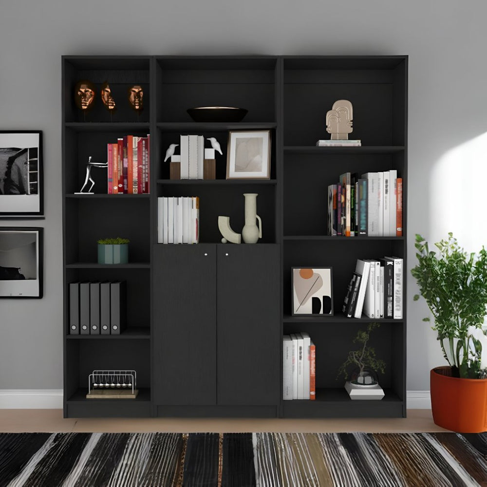 HomeRoots 71" Black Five-Tier Bookcase with Two Doors - Stylish Storage Solution for Modern & Classic Interiors 546341