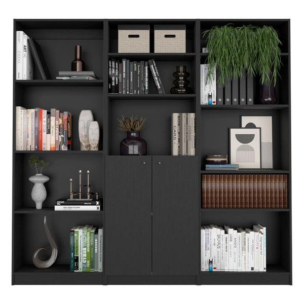 HomeRoots 71" Black Five-Tier Bookcase with Concealed Storage Doors for Stylish Organization & Display Solutions 546342