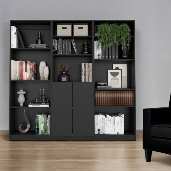 HomeRoots 71" Black Five-Tier Bookcase with Concealed Storage Doors for Stylish Organization & Display Solutions 546342
