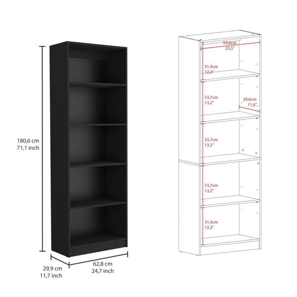 HomeRoots 71" Black Five-Tier Bookcase with Concealed Storage Doors for Stylish Organization & Display Solutions 546342