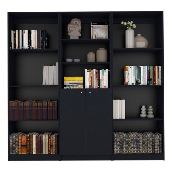 HomeRoots 71" Black Five-Tier Bookcase with Doors - Stylish Vertical Storage for Compact Spaces & Home Decor 546345