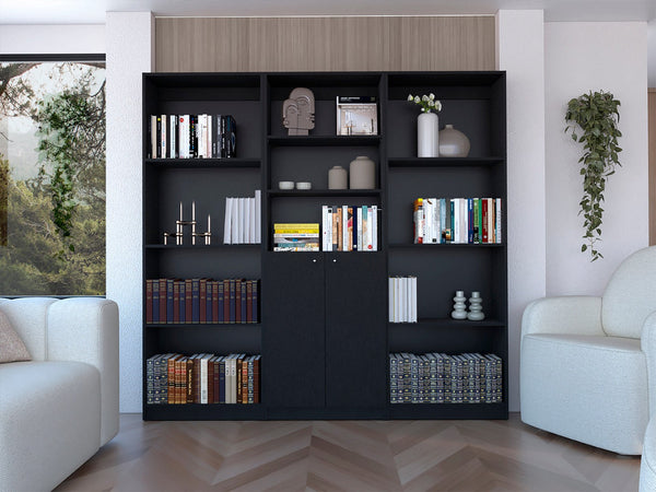 HomeRoots 71" Black Five-Tier Bookcase with Doors - Stylish Vertical Storage for Compact Spaces & Home Decor 546345