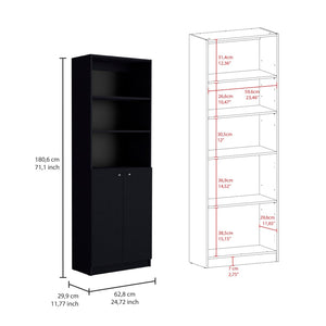 HomeRoots 71" Black Five-Tier Bookcase with Doors - Stylish Vertical Storage for Compact Spaces & Home Decor 546345