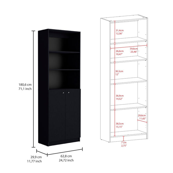 HomeRoots 71" Black Five-Tier Bookcase with Doors - Stylish Vertical Storage for Compact Spaces & Home Decor 546345