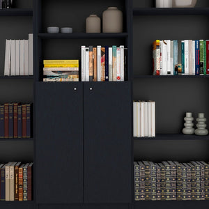 HomeRoots 71" Black Five-Tier Bookcase with Doors - Stylish Vertical Storage for Compact Spaces & Home Decor 546345