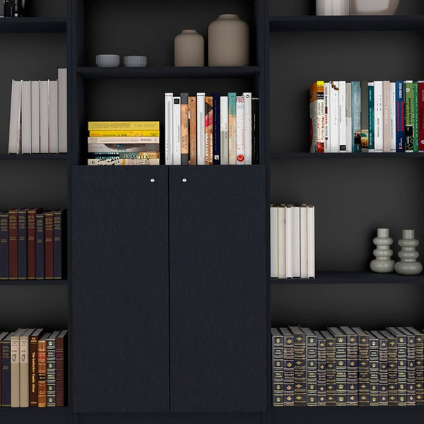 HomeRoots 71" Black Five-Tier Bookcase with Doors - Stylish Vertical Storage for Compact Spaces & Home Decor 546345