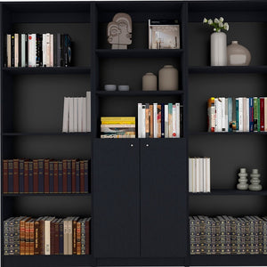 HomeRoots 71" Black Five-Tier Bookcase with Doors - Stylish Vertical Storage for Compact Spaces & Home Decor 546345