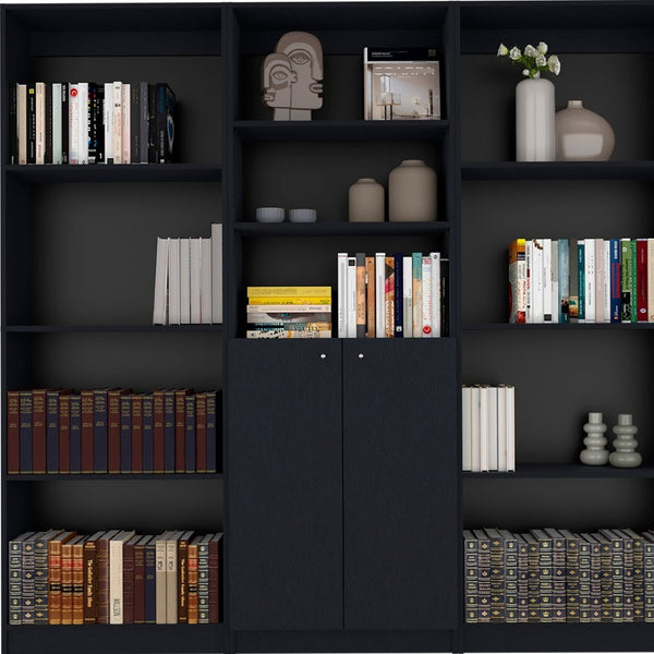 HomeRoots 71" Black Five-Tier Bookcase with Doors - Stylish Vertical Storage for Compact Spaces & Home Decor 546345