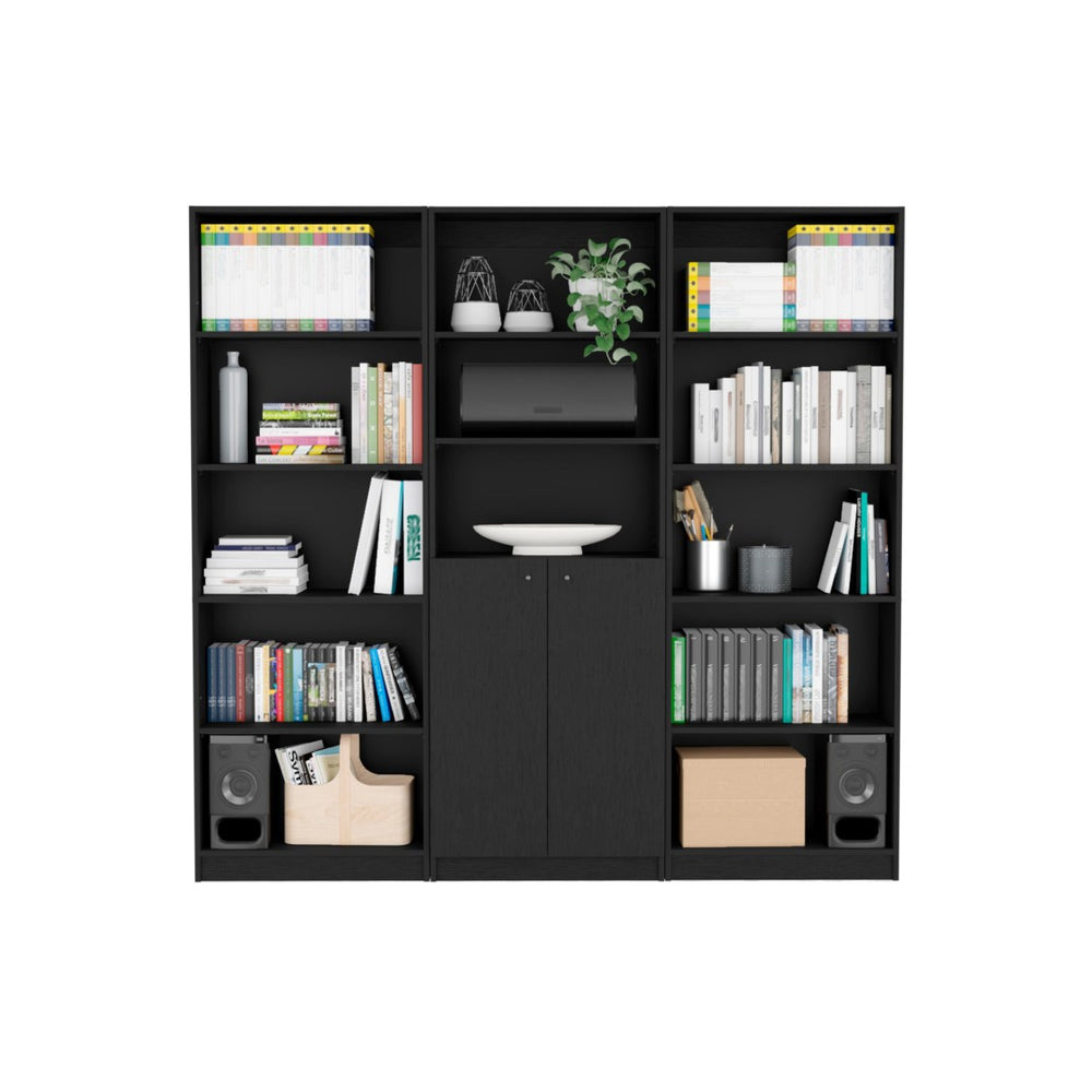 HomeRoots 71" Black Five-Tier Bookcase – Stylish Slim Design with Two Doors for Modern Storage in Any Space 546347