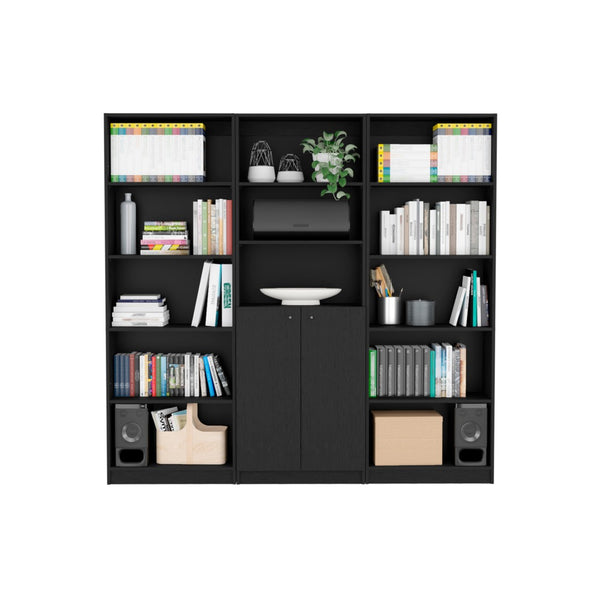 HomeRoots 71" Black Five-Tier Bookcase – Stylish Slim Design with Two Doors for Modern Storage in Any Space 546347