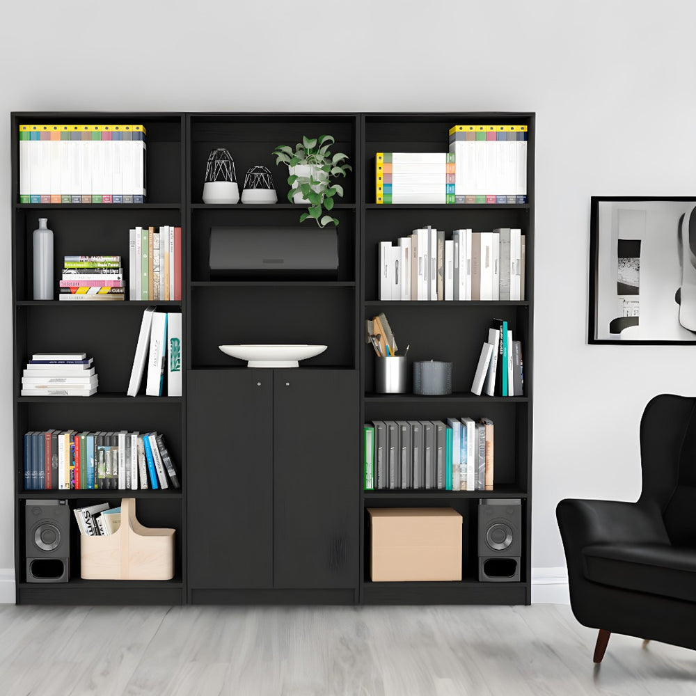 HomeRoots 71" Black Five-Tier Bookcase – Stylish Slim Design with Two Doors for Modern Storage in Any Space 546347