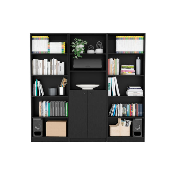 HomeRoots 71" Black Five-Tier Bookcase – Stylish Slim Design with Two Doors for Modern Storage in Any Space 546347