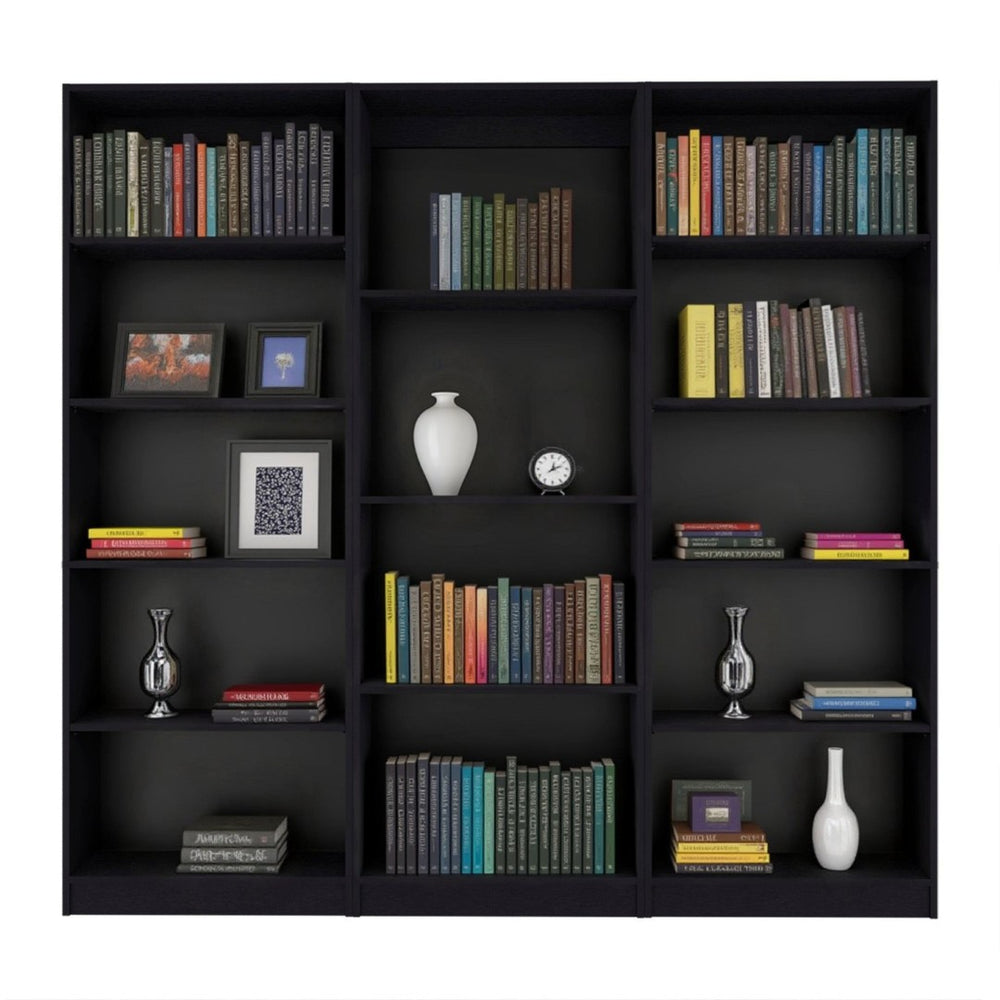 HomeRoots Set of Three Modern Black Wood Bookcases – Stylish Four-Tier Storage for Home or Office Organization 546348