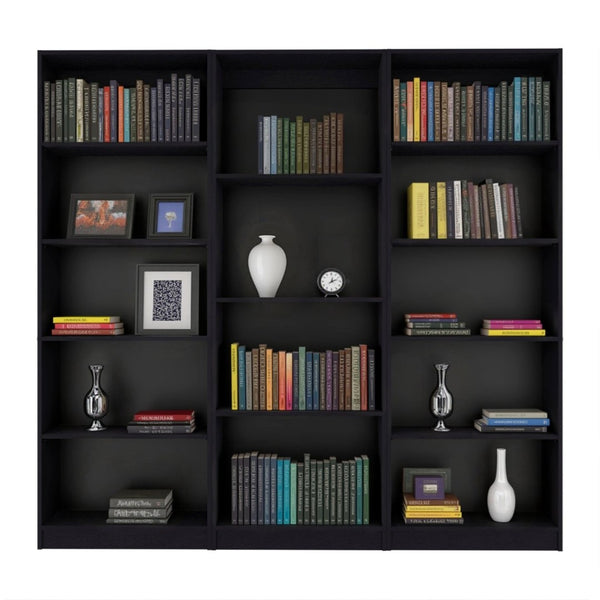 HomeRoots Set of Three Modern Black Wood Bookcases – Stylish Four-Tier Storage for Home or Office Organization 546348