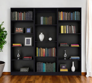 HomeRoots Set of Three Modern Black Wood Bookcases – Stylish Four-Tier Storage for Home or Office Organization 546348