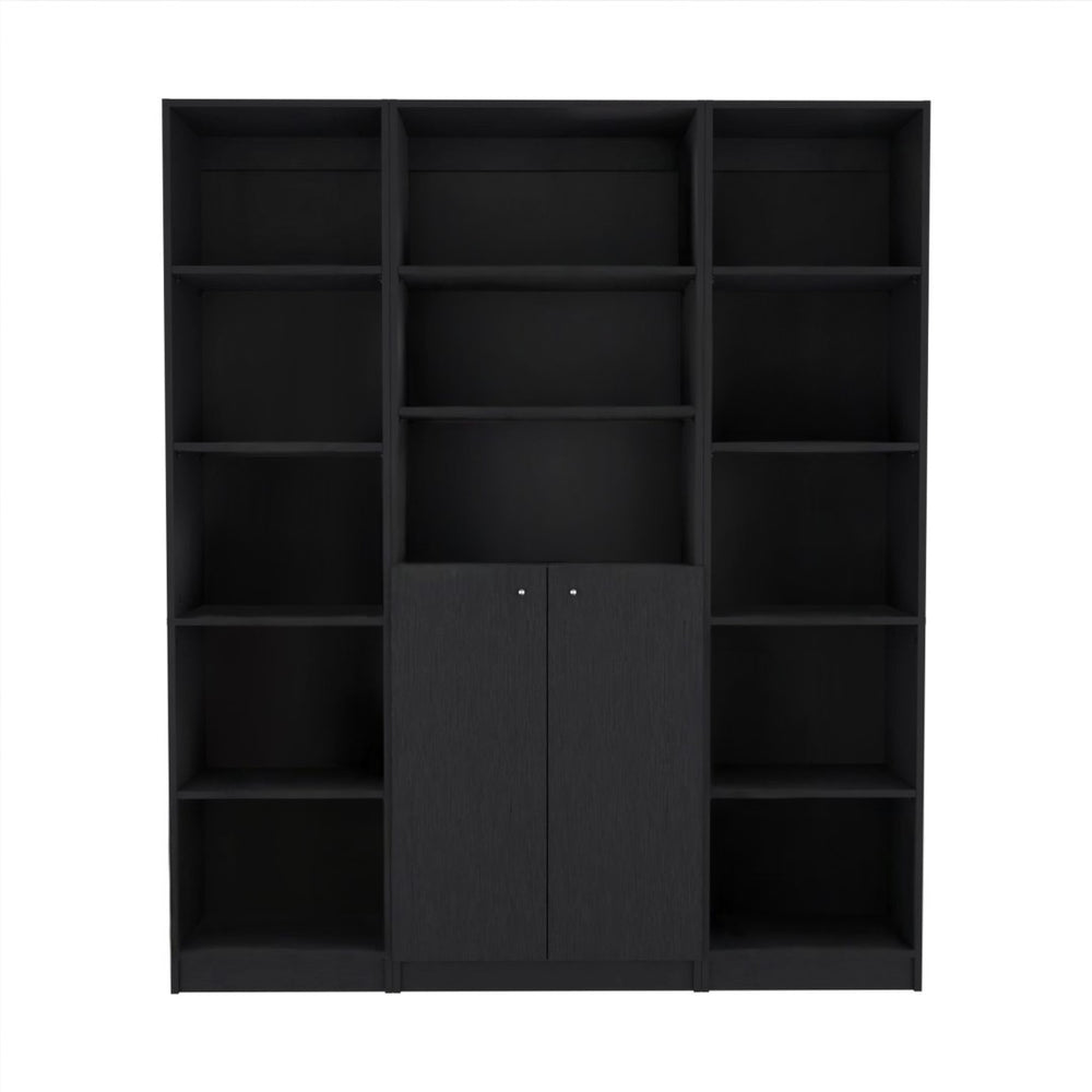 HomeRoots Set of Three Elegant Black Five-Tier Bookcases with Doors - Modern Storage Solution for Any Room 546349