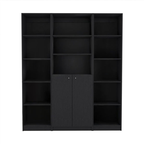 HomeRoots Set of Three Elegant Black Five-Tier Bookcases with Doors - Modern Storage Solution for Any Room 546349