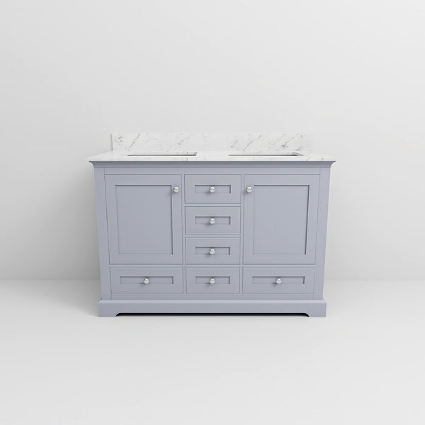 English Elm Dark Grey Double Bath Vanity 48" W x 22" D with Carrara Marble Top, Solid Wood, Soft‑Close Drawers, Ample Storage B2731P258181