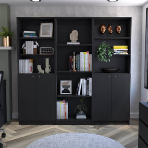 HomeRoots 71" Black Five-Tier Bookcase - Stylish Storage Solution with Four Doors for Organizing in Style! 546352