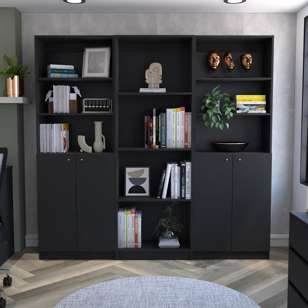 HomeRoots 71" Black Five-Tier Bookcase - Stylish Storage Solution with Four Doors for Organizing in Style! 546352