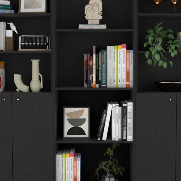 HomeRoots 71" Black Five-Tier Bookcase - Stylish Storage Solution with Four Doors for Organizing in Style! 546352