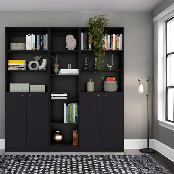 HomeRoots 71" Black Five-Tier Bookcase with Concealed Storage - Stylish Modern Organizer for Any Space 546354