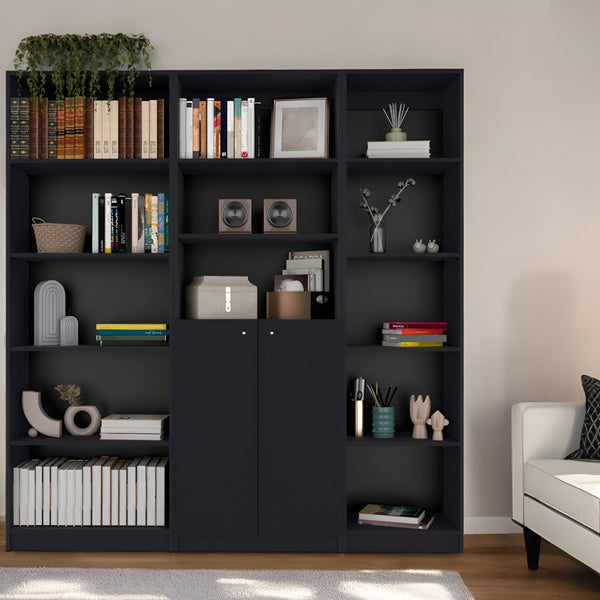 HomeRoots Set of Three Black Five-Tier Bookcases with Doors for Stylish Storage & Display in Any Room 546355