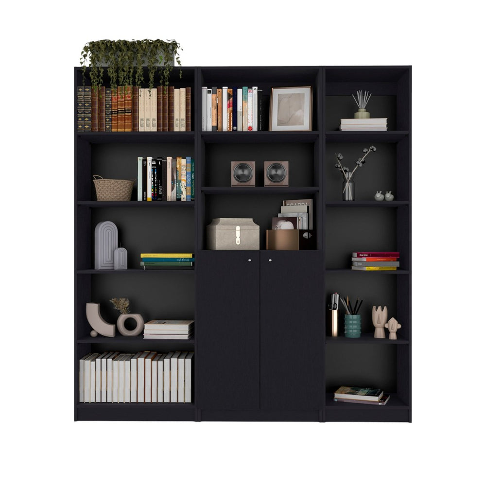 HomeRoots Set of Three Black Five-Tier Bookcases with Doors for Stylish Storage & Display in Any Room 546355