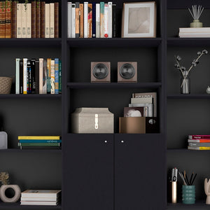 HomeRoots Set of Three Black Five-Tier Bookcases with Doors for Stylish Storage & Display in Any Room 546355