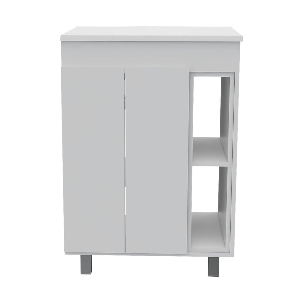 HomeRoots Set of Two Modern White Freestanding Bathroom Vanities with Ceramic Sinks for Stylish Storage Solutions 546361