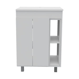 HomeRoots Set of Two Modern White Freestanding Bathroom Vanities with Ceramic Sinks for Stylish Storage Solutions 546361