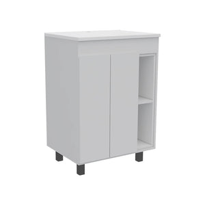 HomeRoots Set of Two Modern White Freestanding Bathroom Vanities with Ceramic Sinks for Stylish Storage Solutions 546361