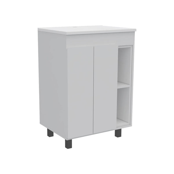 HomeRoots Set of Two Modern White Freestanding Bathroom Vanities with Ceramic Sinks for Stylish Storage Solutions 546361