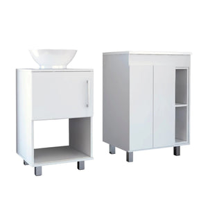 HomeRoots Set of Two Modern White Freestanding Bathroom Vanities with Ceramic Sinks for Stylish Storage Solutions 546361