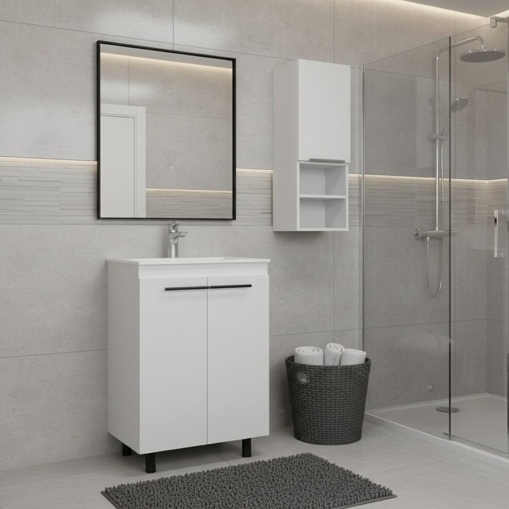 HomeRoots 24" White Wood Freestanding Bathroom Vanity Set with Sink & Storage Medicine Cabinet for Modern Spaces 546362