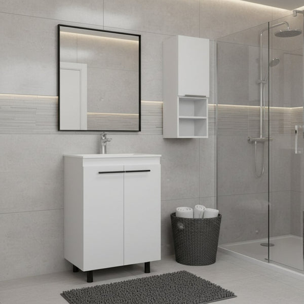 HomeRoots 24" White Wood Freestanding Bathroom Vanity Set with Sink & Storage Medicine Cabinet for Modern Spaces 546362