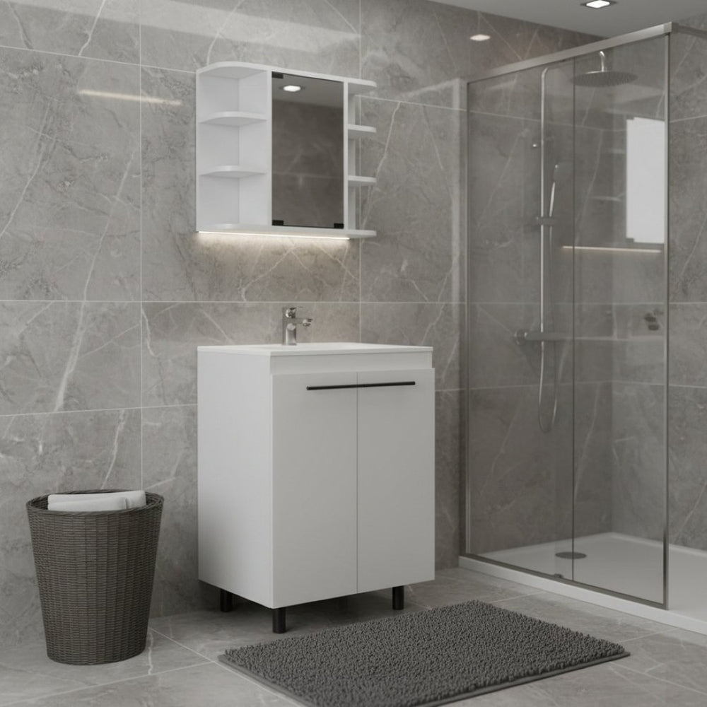 HomeRoots 24" Stylish White Freestanding Bathroom Vanity with Sink & Mirrored Cabinet for Modern Spaces 546363