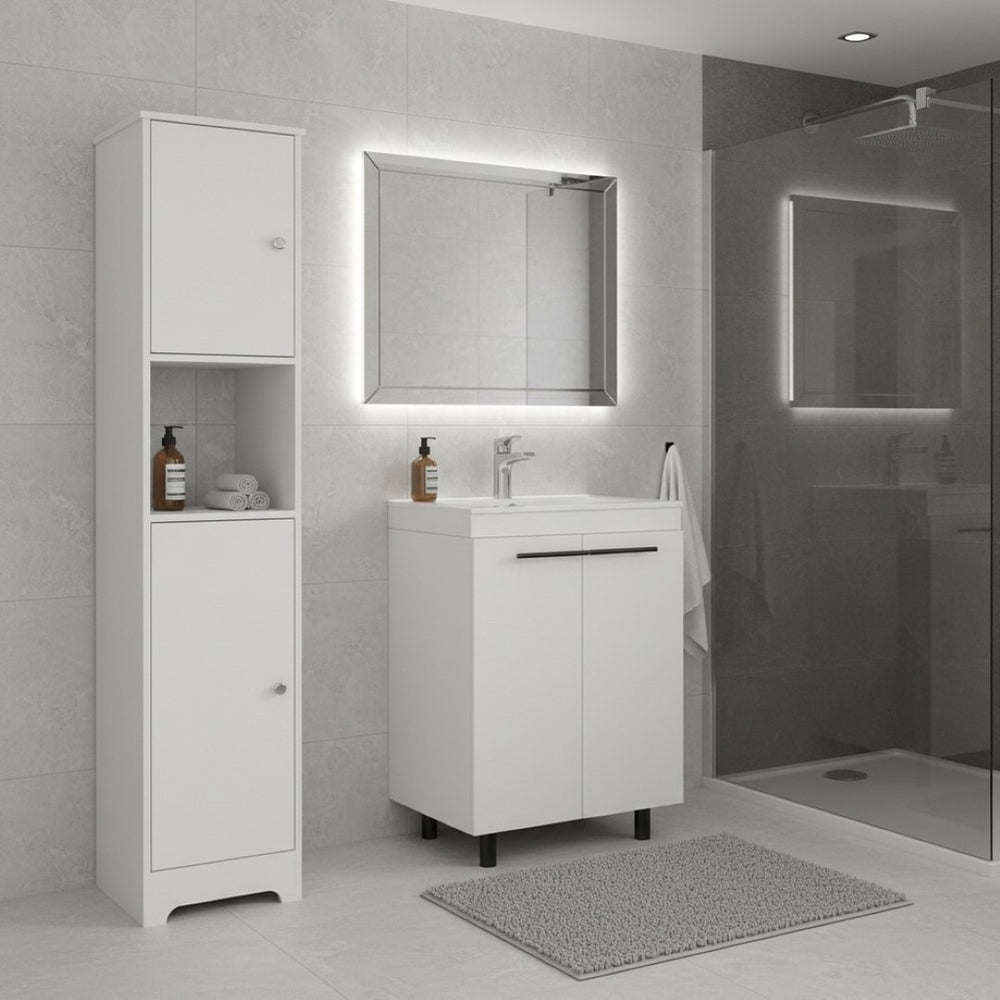 HomeRoots 16" White Freestanding Bathroom Vanity with Integrated Sink - Modern, Compact Storage Solution 546365