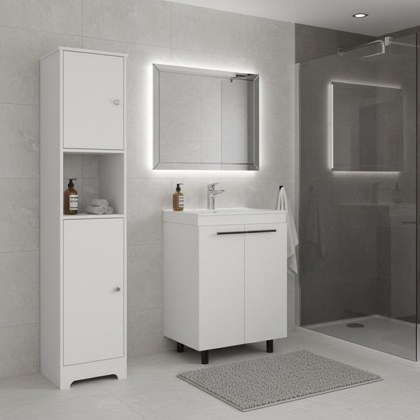 HomeRoots 16" White Freestanding Bathroom Vanity with Integrated Sink - Modern, Compact Storage Solution 546365