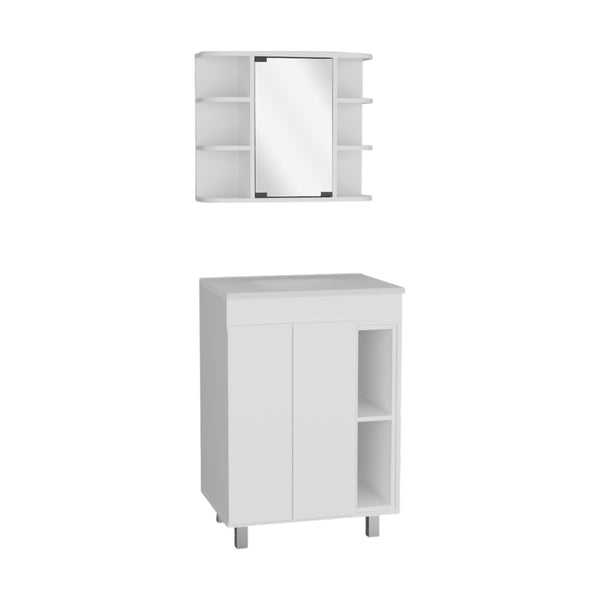 HomeRoots 24" Modern White Freestanding Bathroom Vanity Set with Sink, Mirror Cabinet & Soft-Close Doors 546366