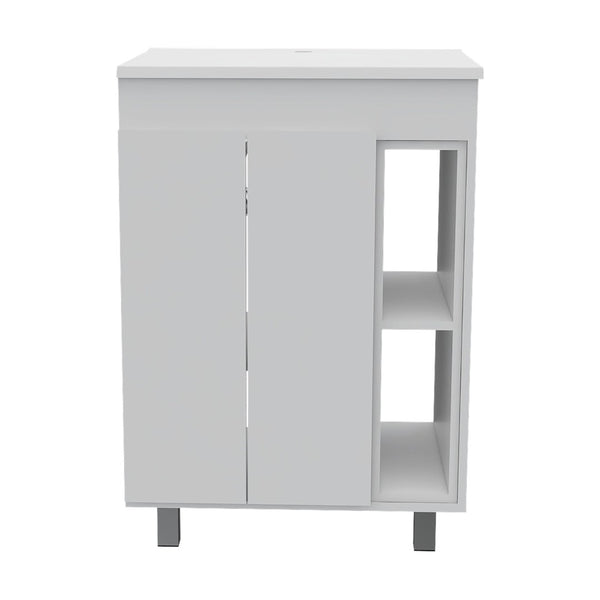 HomeRoots 24" Modern White Freestanding Bathroom Vanity Set with Sink, Mirror Cabinet & Soft-Close Doors 546366