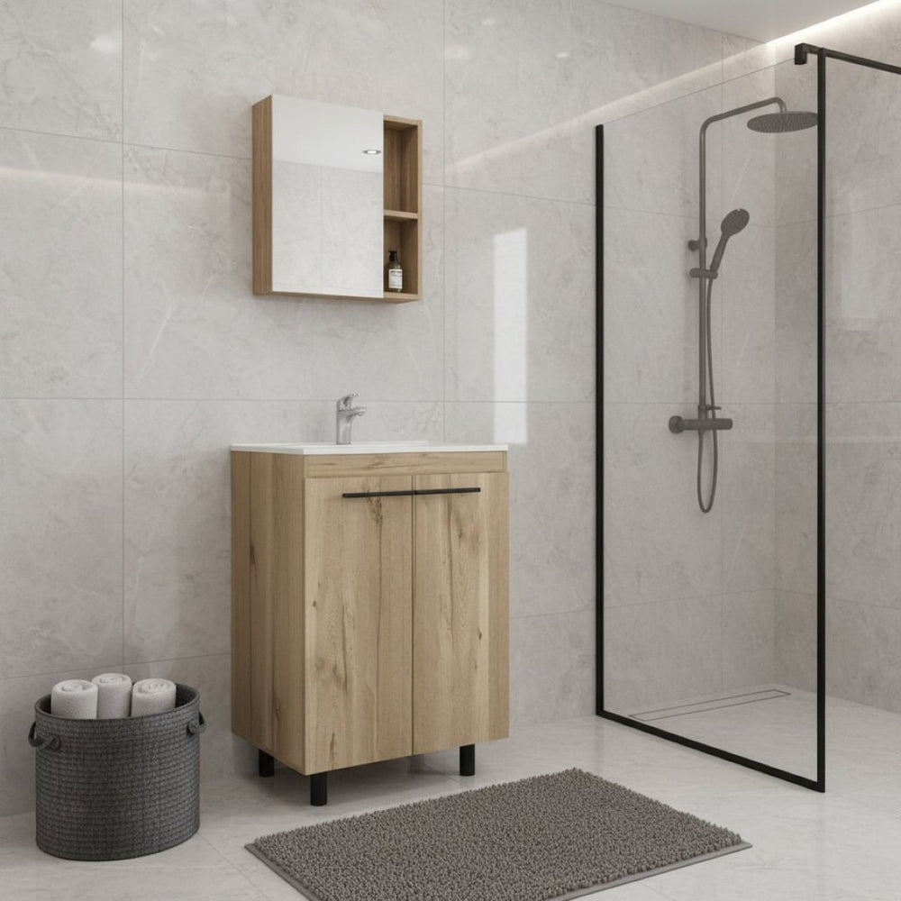 HomeRoots 18" Natural Wood Freestanding Bathroom Vanity with White Sink & Medicine Cabinet for Small Spaces 546367