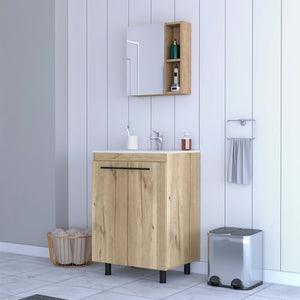 HomeRoots 18" Natural Wood Freestanding Bathroom Vanity with White Sink & Medicine Cabinet for Small Spaces 546367