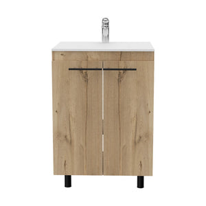 HomeRoots 18" Natural Wood Freestanding Bathroom Vanity with White Sink & Medicine Cabinet for Small Spaces 546367