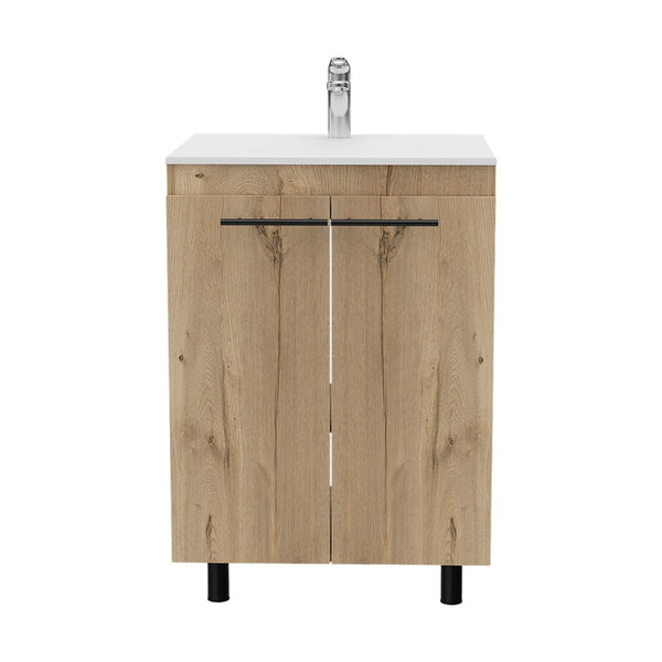 HomeRoots 18" Natural Wood Freestanding Bathroom Vanity with White Sink & Medicine Cabinet for Small Spaces 546367