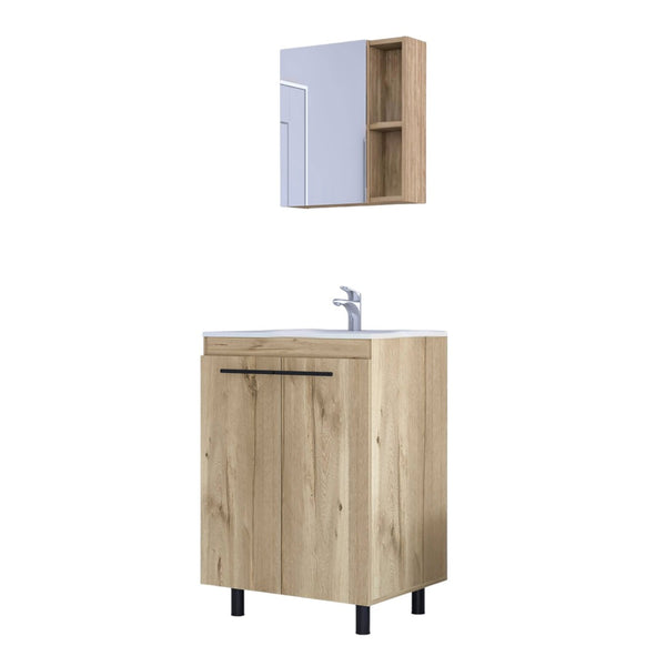 HomeRoots 18" Natural Wood Freestanding Bathroom Vanity with White Sink & Medicine Cabinet for Small Spaces 546367
