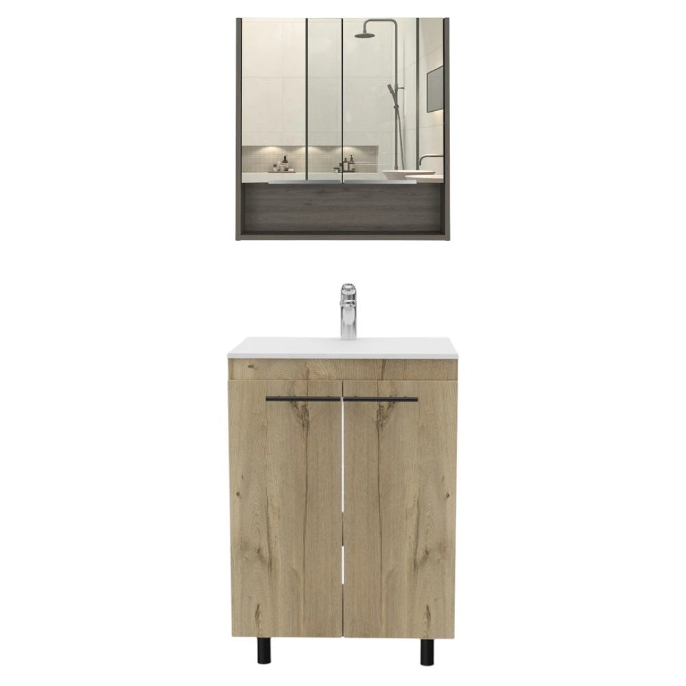 HomeRoots 24" Natural Wood Bathroom Vanity with White Sink, Medicine Cabinet & Soft-Close Storage Doors 546368