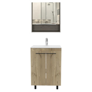 HomeRoots 24" Natural Wood Bathroom Vanity with White Sink, Medicine Cabinet & Soft-Close Storage Doors 546368